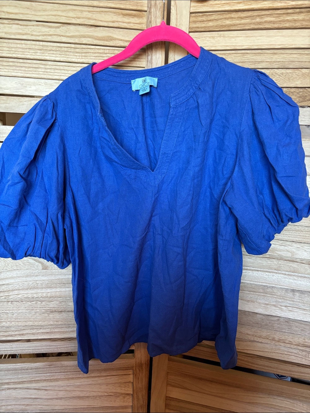 CeCe Royal Blue Puff-Sleeve V-Neck Blouse Large